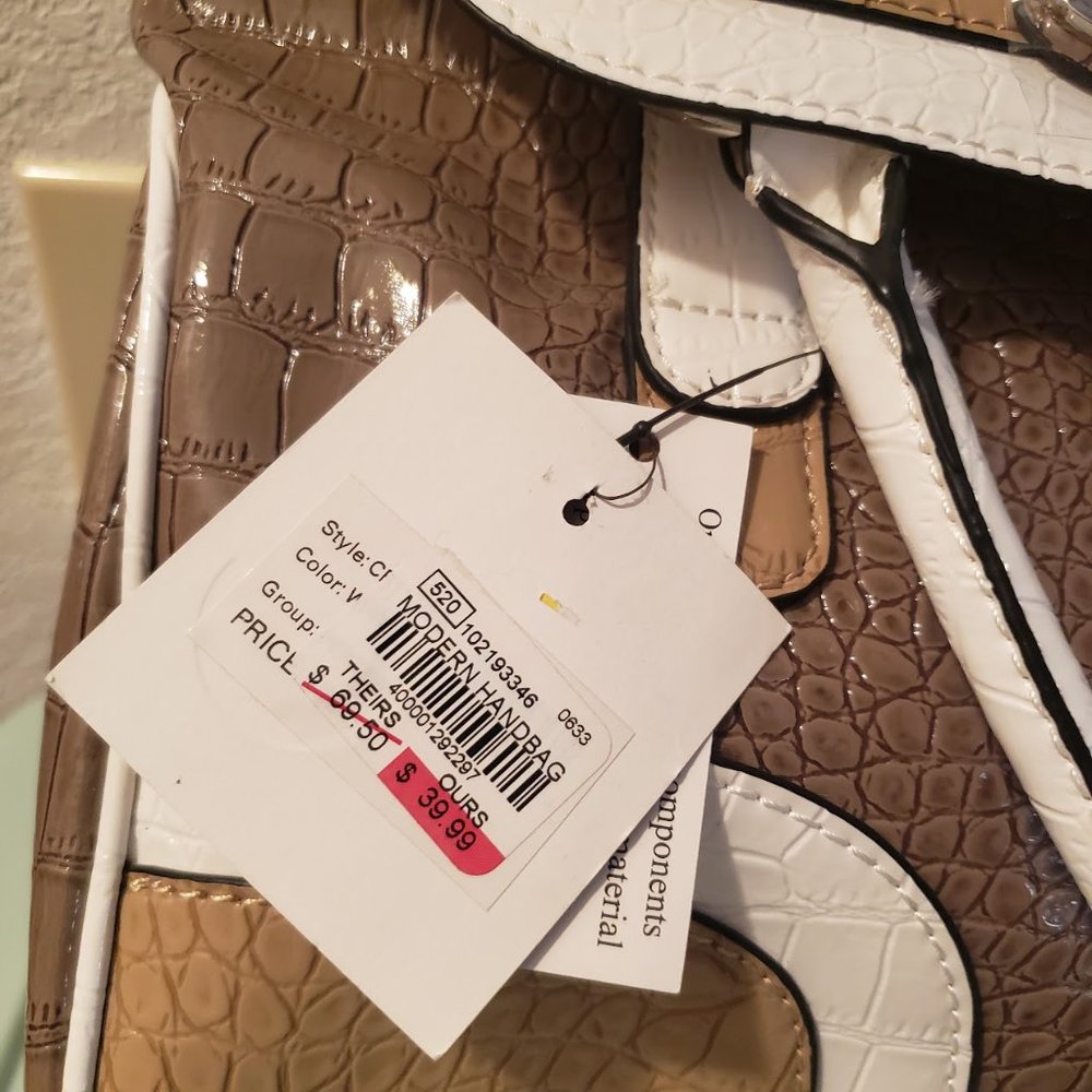 Guess Faux Alligator Crocodile Handbag tote brown white NWT - Picture 4 of 6